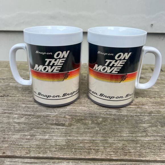 Vintage 90s Snap On Tools USA Thermo-Serv "On The Move" Coffee Mugs Set 2 - Picture 1 of 5